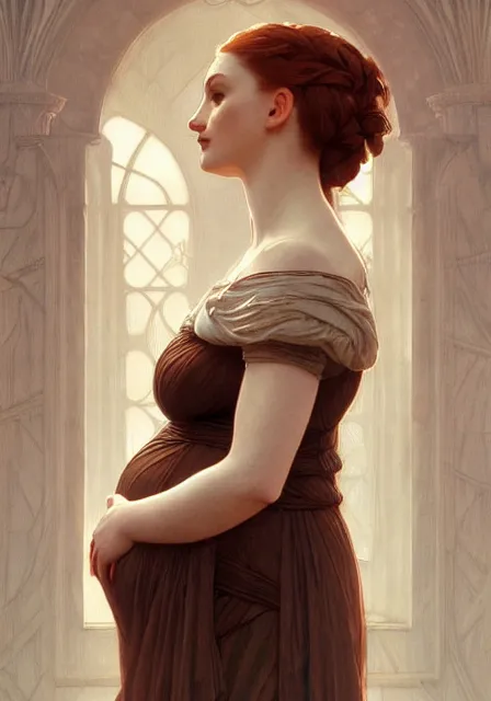 Image similar to tall pregnant sansa, intricate, elegant, highly detailed, digital painting, artstation, concept art, smooth, sharp focus, illustration, art by artgerm and greg rutkowski and alphonse mucha and william - adolphe bouguereau