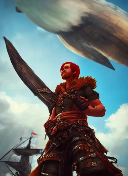 Image similar to An epic fantasy comic book style portrait painting of a red headed male sky-pirate in front of an airship, unreal 5, DAZ, hyperrealistic, octane render, cosplay, RPG portrait, dynamic lighting