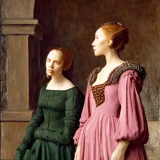 Prompt: portrait of scarlet johansson and natalie portman in futuristic world, in the style of bosch, jan van eyck, albrecht durer, thomas dewing, lord frederic leighton