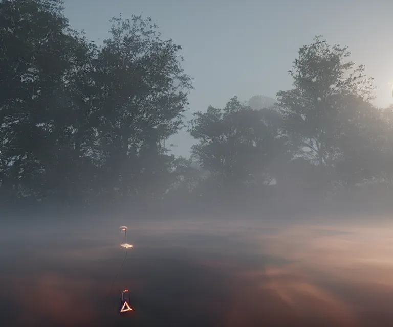 Image similar to gorgeous sunrise lighting : node - based visual programming language ( glowing patch cables looping oled volumetric windows ) scale model floating in midair in front of me : brilliant daylight vr os ux emerging from the thick fog, leica 8 k still from an a 2 4 film