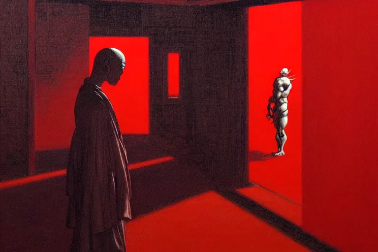 Image similar to only with red, a red samurai, tokio in background, some evil yokai, in the style of beksinski, parts by edward hopper, parts by rodcenko, parts by yue minjun, intricate and epic composition, red by caravaggio, insanely quality, highly detailed, masterpiece, red light, artstation, 4 k