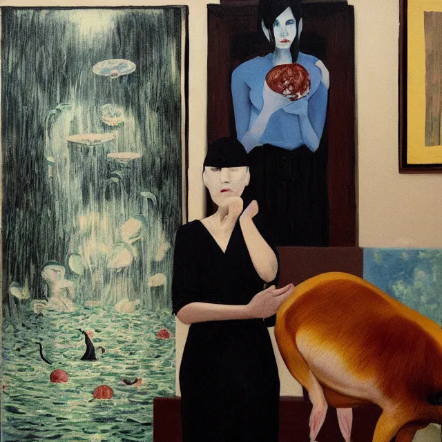 Image similar to tall female emo artist holding a pig in her flooded apartment, mushrooms, octopus, water gushing from ceiling, painting of flood waters inside an artist's apartment, a river flooding indoors, pomegranates, pigs, ikebana, zen, river, rapids, waterfall, black swans, canoe, berries, acrylic on canvas, surrealist, by magritte and monet