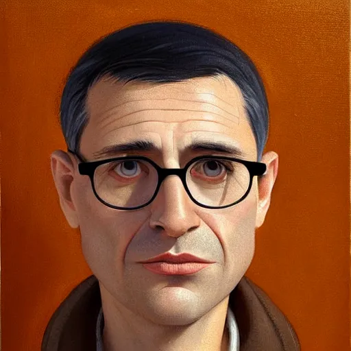 Prompt: 50 year old brunette man with very short hair, round face, circle face, circular face, wide face, big chin , romanian, silver small glasses, romanian heritage, brown eyes, brown eyes, olive skin, round nose, round chin, clean shaven wide face, thin lips, digital art, concept art, cgsociety, painterly, painting, 8k, illustration, painting, dramatic, beautiful, art by loish loish loish, cartoon, stylized painterly, trending on artstation, medium shot, uncropped