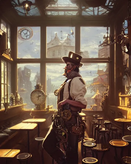 Image similar to highly detailed surreal vfx portrait of a steampunk cowboy in a steampunk saloon, stephen bliss, unreal engine, greg rutkowski, loish, rhads, beeple, makoto shinkai and lois van baarle, ilya kuvshinov, rossdraws, tom bagshaw, alphonse mucha, global illumination, detailed and intricate environment