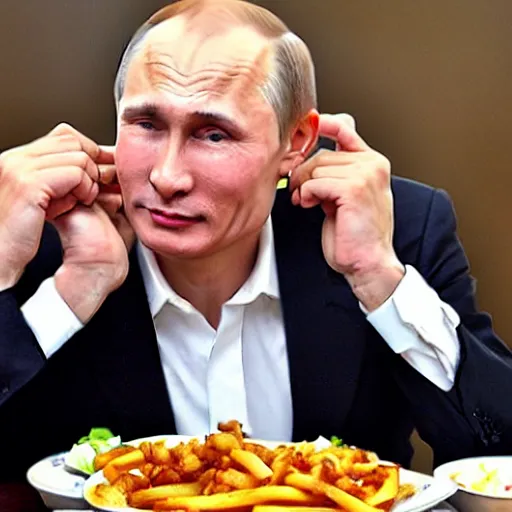 Prompt: vladimir putin enjoying a delicious poutine