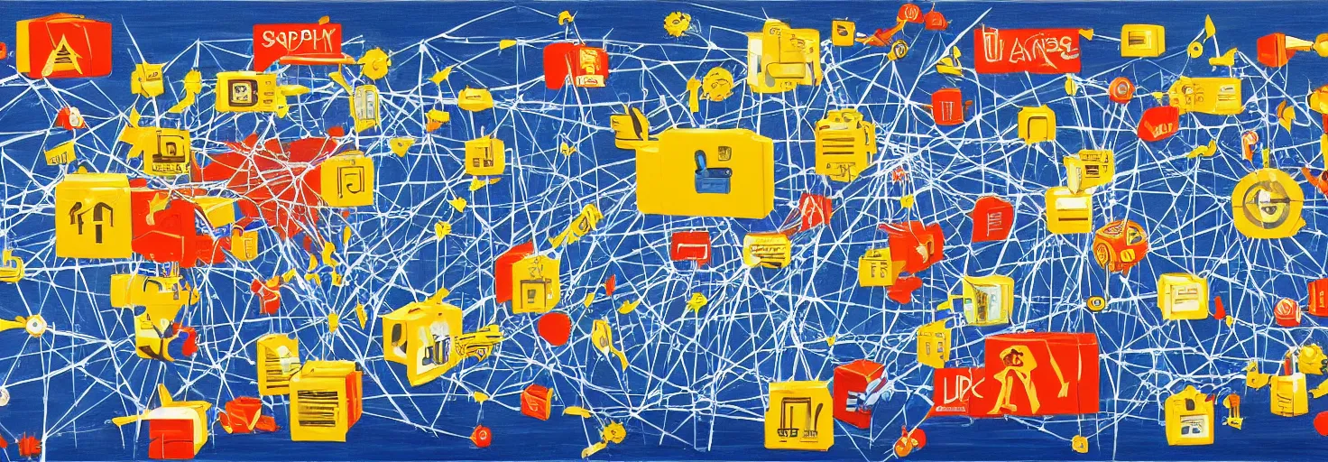 Image similar to a beautiful painting of supply chain attack in world web, hd - h 5 0 0