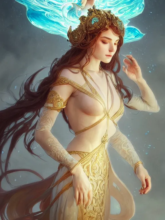 Prompt: summoner wearing robes with a cute water elemental, fantasy, intricate, elegant, highly detailed, digital painting, artstation, concept art, wallpaper, smooth, sharp focus, illustration, art by artgerm and greg rutkowski and alphonse mucha