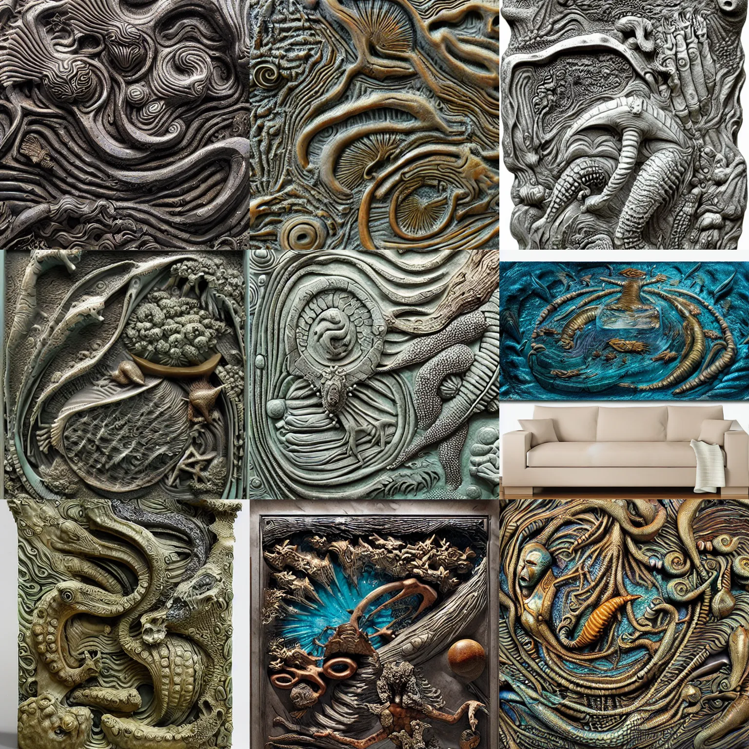 Prompt: ancient alien ocean with alien predatory flora and fauna sci - fi, high - relief sculpture scene, highly detailed