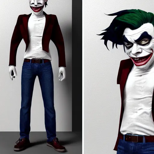 Image similar to octane render of a human version of the trollface meme with joker makeup and wearing a suede jacket and jeans, 8 k, very detailed, very intricate, white background,