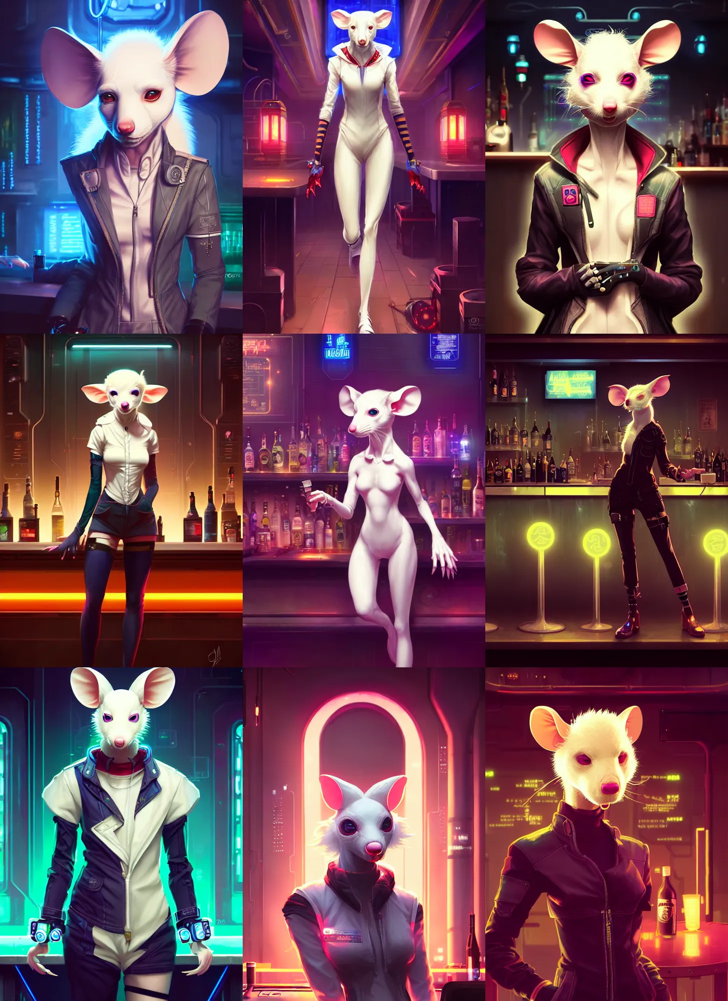 Prompt: beautiful portrait of a female anthropomorphic albino mouse fursona wearing cyberpunk clothes in a cyberpunk bar. character design by disney, charlie bowater, ross tran, artgerm, and makoto shinkai, detailed, soft lighting, rendered in octane