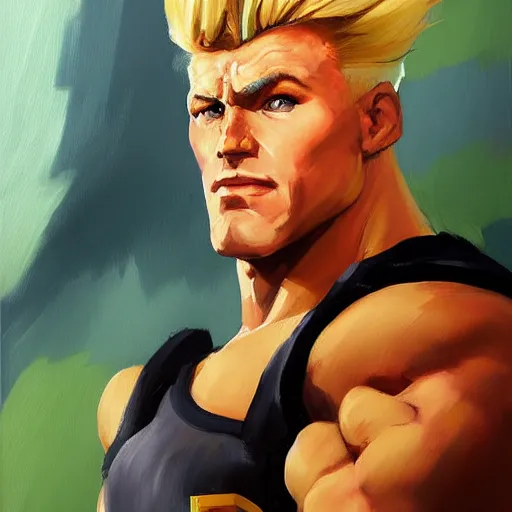 Image similar to greg manchess portrait painting of guile from street fighter as overwatch character, medium shot, asymmetrical, profile picture, organic painting, sunny day, matte painting, bold shapes, hard edges, street art, trending on artstation, by huang guangjian and gil elvgren and ross tran