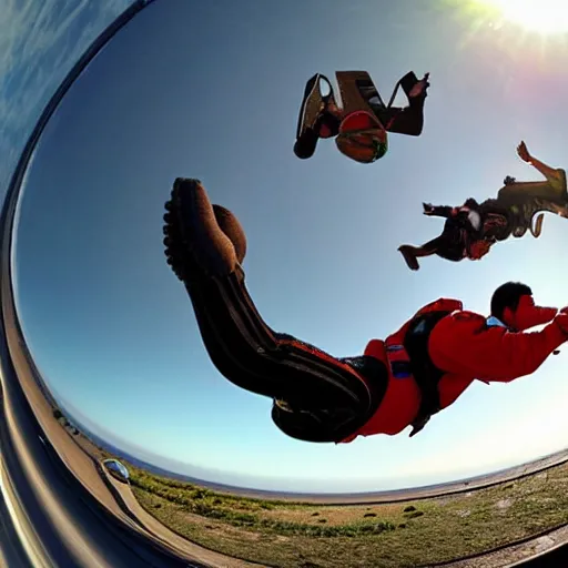 Prompt: corpulent trucker skydiving, fisheye lens