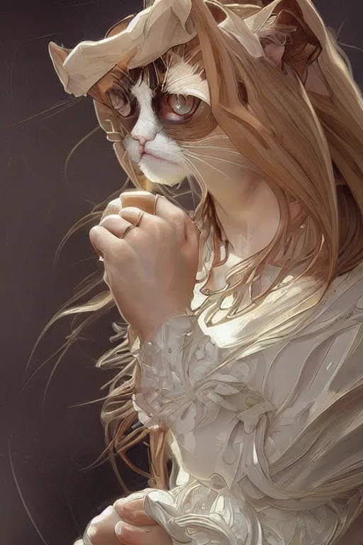 Image similar to Grumpy Cat Crying out, intricate, elegant, highly detailed, digital painting, artstation, concept art, smooth, sharp focus, illustration, art by artgerm and greg rutkowski and alphonse mucha