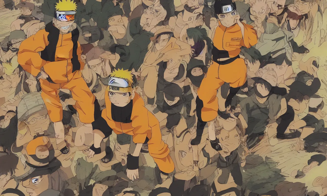 Image similar to a color manga illustration of naruto riding a enormous brown frog that is smoking a pipe in the middle of a busy tokyo intersection. naruto has yellow hair and orange clothes. the view is from ground level and wide angle. the mood is tense and exciting. brilliantly illustrated by masashi kishimoto in a very very well regarded style.