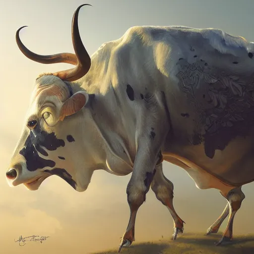 Image similar to a cow with wings, intricate, highly detailed, digital painting, artstation, concept art, smooth, sharp focus, illustration, unreal engine 5, 8 k, art by artgerm and greg rutkowski and alphonse mucha