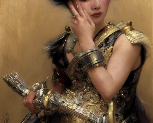 Image similar to a young japanese princess warrior lady with white hair and bangs!!!!, posing, white hair highly detailed painting by gaston bussiere, craig mullins, j. c. leyendecker 8 k