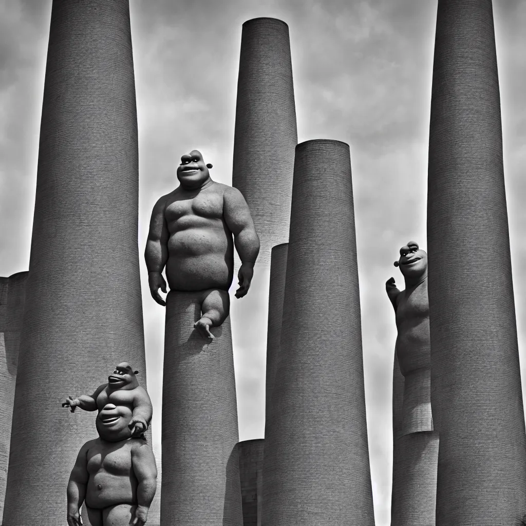 Prompt: giant shrek standing between two big soviet brutalist architekture chimneys, black and white, history channel, very detailed, 4 k, professional photography