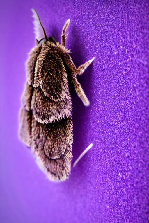 Image similar to high quality macro photo pearlescent furry moth! jeweled gorgeous! highly detailed david ligare elson peter cinematic purple neon lighting high quality low angle hd 8k sharp shallow depth of field