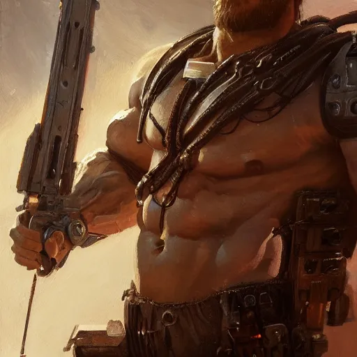 Prompt: handsome portrait of a spartan guy bodybuilder posing, radiant light, caustics, war hero, metal gear solid, cyberpunk, by gaston bussiere, bayard wu, greg rutkowski, giger, maxim verehin