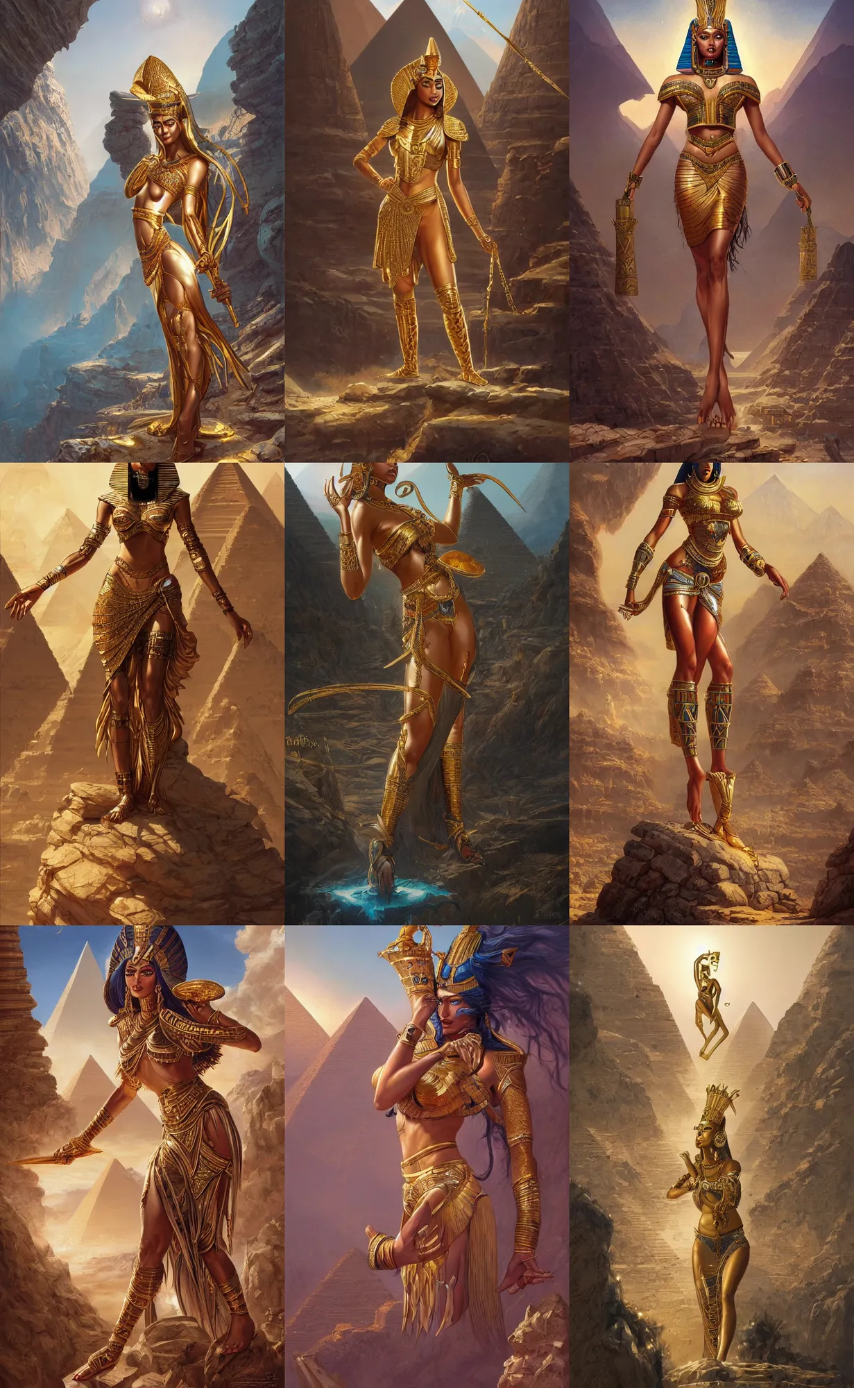 Prompt: gold skin, egyptian goddess of magic, mountain background, highly detailed, digital painting, artstation, concept art, sharp focus, illustration, orientalism, art by aleksi briclot and mohrbacher and raphael lacoste and magali villeneuve