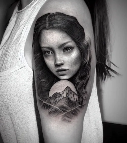 Image similar to a beautiful girl portrait faded in beautiful mountains, realism tattoo, in the style of den yakovlev, black and white, hyper realistic, highly detailed