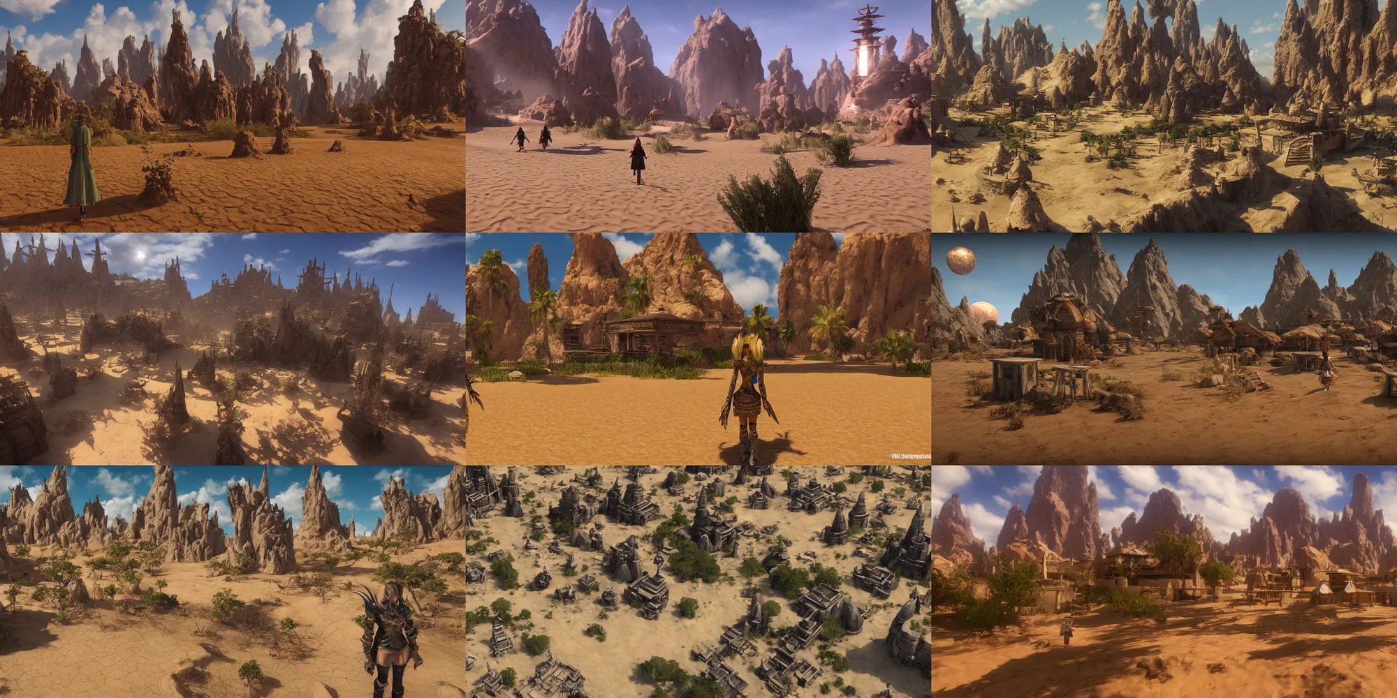 Prompt: a beautiful isolated sacred spiritual fantasy alien village in a vast sand desert, 3 rd person game, screenshot, gameplay, final fantasy, square enix, squaresoft, jrpg, unreal engine, 4 k, ultra high settings, rtx, next gen graphics