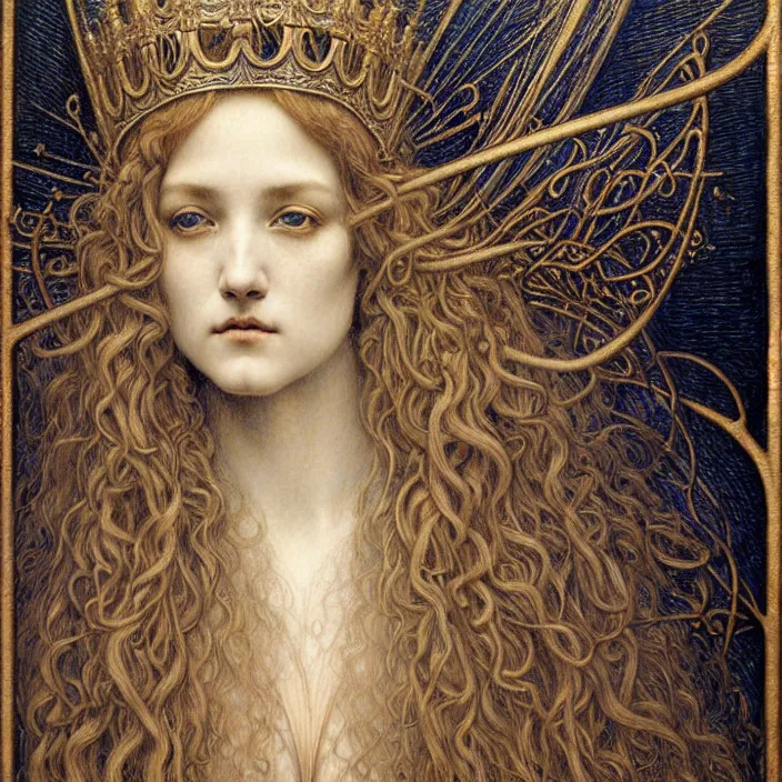 Image similar to detailed realistic beautiful young medieval queen face portrait by jean delville, gustave dore and marco mazzoni, art nouveau, symbolist, visionary, gothic, pre - raphaelite. horizontal symmetry