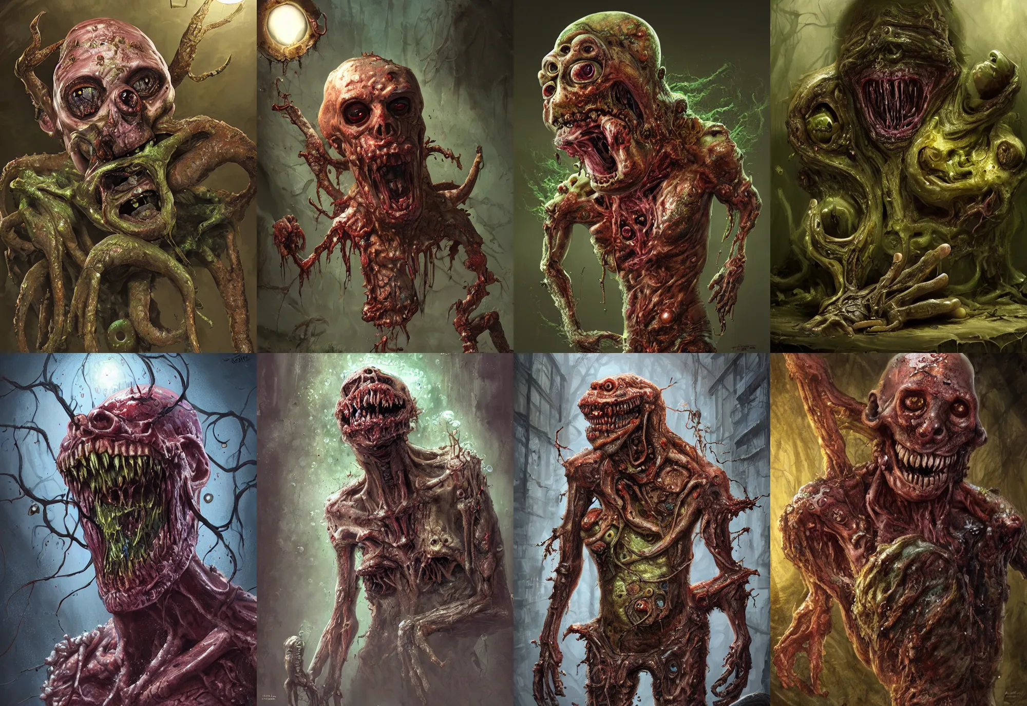 Prompt: a nightmarish slimy monster, bubbles under skin, rotting flesh, exposed bone, by jerad marantz, concept art, dramatic lighting, highly detailed digital painting