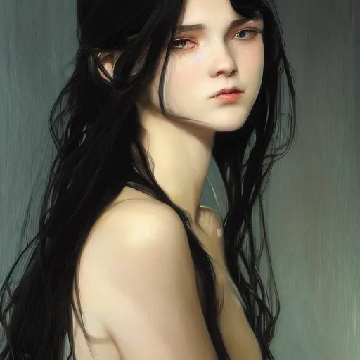 Prompt: portrait of teenage girl with long glossy black hair, glowing skin, delicate features, victoria wallace, fantasy, intricate, elegant, dress shirt and tie, highly detailed, digital painting, artstation, concept art, smooth, sharp focus, illustration, art by Krenz Cushart and Artem Demura and alphonse mucha