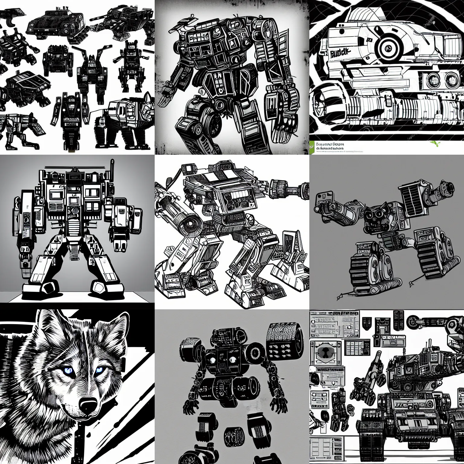 Prompt: Black and white Technical Readout Illustration Battlemech Timber Wolf Mad Cat Mad Cat Mk II Mad Cat III Savage Wolf