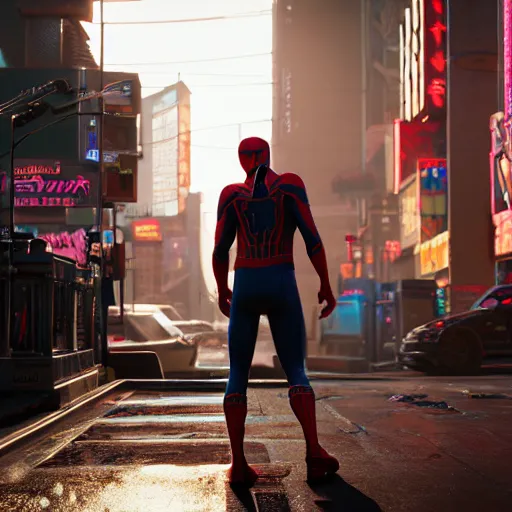 Image similar to a film portrait still of spider - man from cyberpunk 2 0 7 7 unreal engine. realism, cinematic lighting, highly detailed spider - man, 4 k. 8 mm. grainy. panavision.