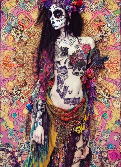 Image similar to cute punk goth fashion fractal Día de los Muertos tattooed hippy girl wearing kimono posing by Zhang Jingna, psychedelic poster art of by Victor Moscoso Rick Griffin Alphonse Mucha Gustav Klimt Ayami Kojima Amano Charlie Bowater, masterpiece