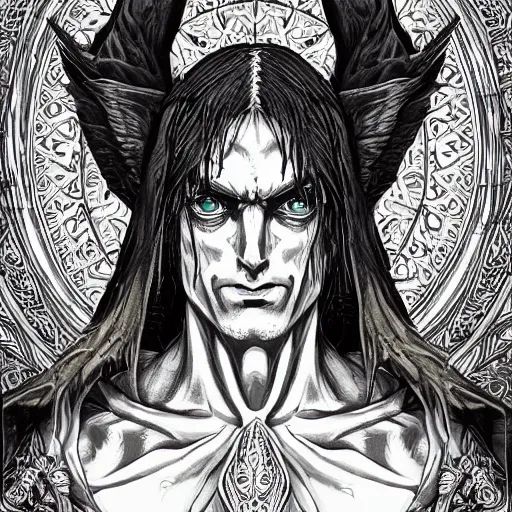 Image similar to 4K headshot portrait of godlike Warlock of Nazareth with defined arms and open hands and bloody clothes with giant mandala wings , intricate face , flawless anime cel animation by Kentaro Miura, psychedelic , highly detailed upper body , professionally post-processed , beautiful, scary, symmetry accurate features, epic, octane rendered, anime masterpiece, accurate by Craig Mullins, ilya kuvshinov, krenz cushart, epic , artgerm trending on artstation by Edward Hopper and Dan Mumford and WLOP and Rutkovsky, beksinski carl spitzweg moebius and tuomas kocar, intricate artwork by caravaggio, Unreal Engine 5, Lumen, Nanite