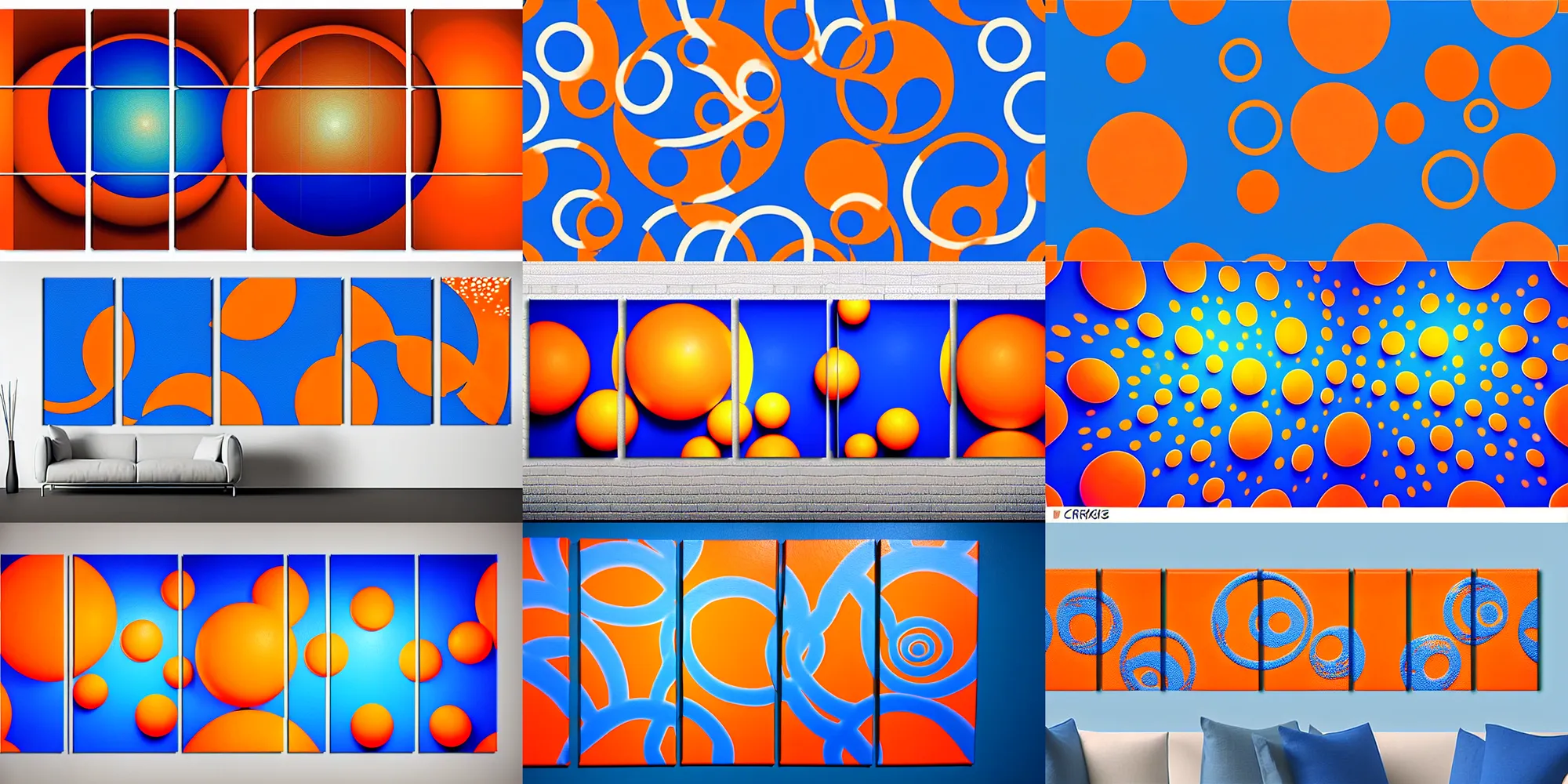 Prompt: triptych canvas acrylic aerosol seamless pattern large circles and balls orange to blue gradient handicraft escher style graffity contrast of light and shadow mesmerizing hyperrealistic underwater photo of very beautiful white wall with beautiful contrast of light and shadow, orange to blue gradient, front elevation