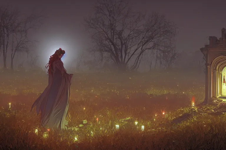 Prompt: an ultra detailed animation of a glowing apparition in a graveyard at midnight on halloween, digital art, dark fantasy, concept art, soulslike, by alphonse mucha, blood moon eclipse, ruined building in the background, artstation, 8 k, unreal engine render