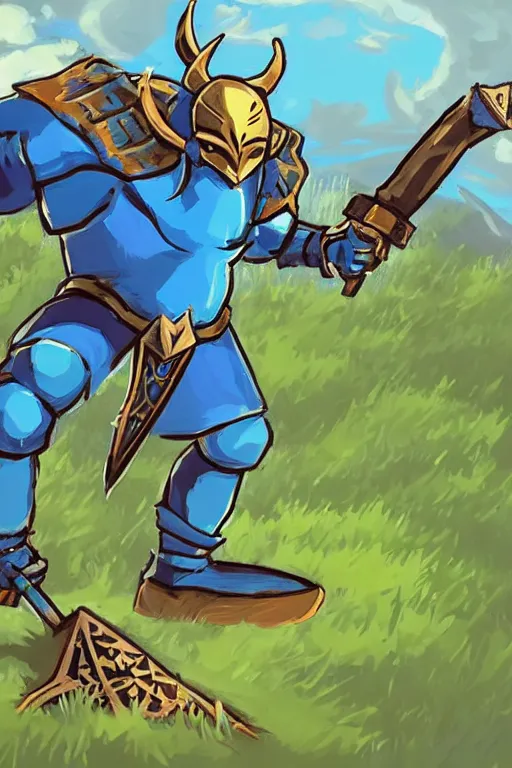 Image similar to an in game portrait of shovel knight from the legend of zelda breath of the wild, breath of the wild art style.