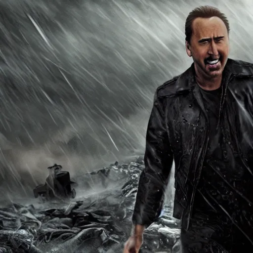 Image similar to the end of the world, shattered earth, judgment day, cinematic, disaster movie, 8k UDH, Upon a Pale Horse, starring Nic Cage, sly smile