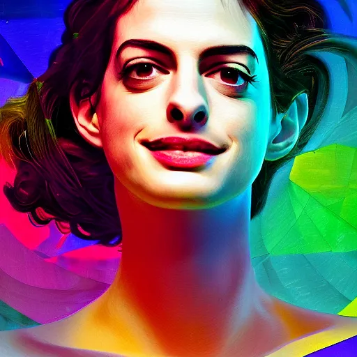 Image similar to surreal Anne Hathaway covered in chromatic distortions standing in mysterious place, beautiful, pscychodelic, trending on artstation, artwork by Hughes, Edward Robert