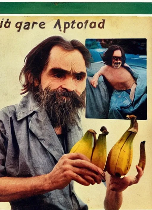 Prompt: vintage advertisement for a polaroid camera, charles manson slipping on a banana peel