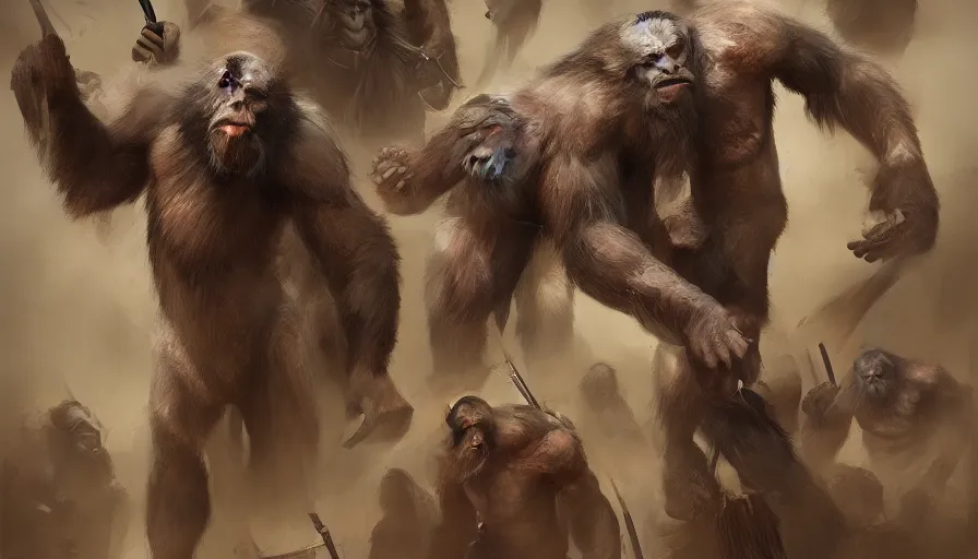 Image similar to concept art of warriors apes by jama jurabaev, extremely detailed, trending on artstation, high quality, brush stroke