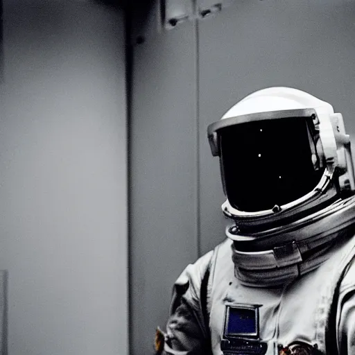 Prompt: a heavily armored astronaut, in spaceship corridor, film still