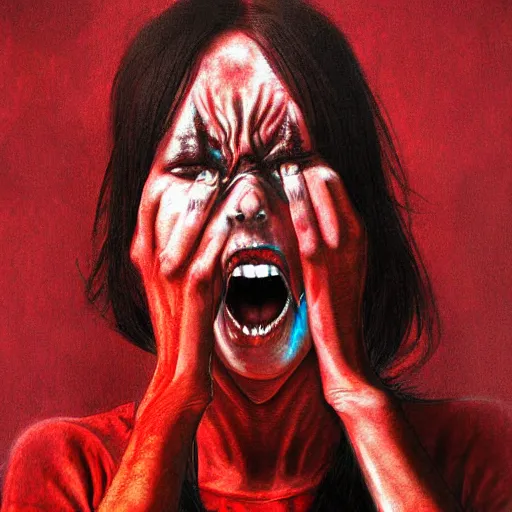 Prompt: extrem mad girl with extrem anger screams into the void to release her anger, high detail painting in dark red colors by Mamoru Kanbe