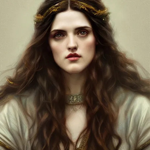 Prompt: beautiful striking Pre-Raphaelite Katie McGrath by Artgerm and Greg Rutkowski, intricate, elegant, highly detailed, digital painting, artstation