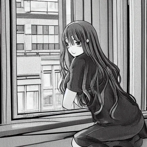 Prompt: girl sitting nearby a windowing, rainy outside, detailed, very anime, very fine face, strong lighting, by great artists.
