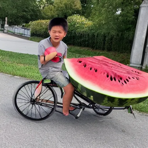 Prompt: a tricycle full of watermelons, an asian boy fell asleep in the car, summer