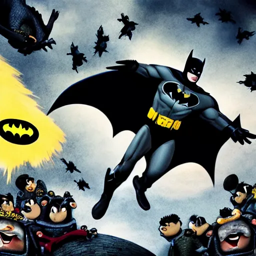 Image similar to batman fighting a large number of minons, 4 k