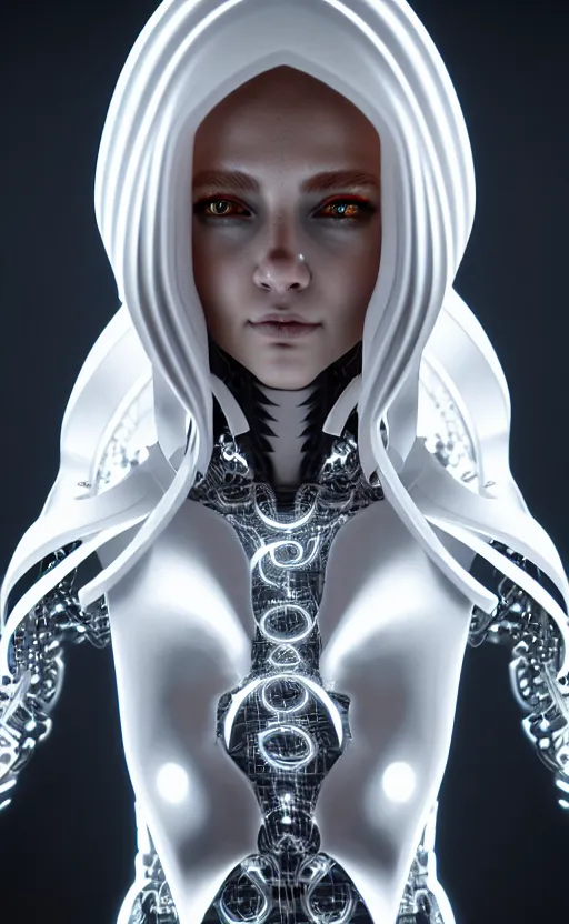 Image similar to white cyborg Jesus, cyber copper spiral decorations, white elegant baroque design, headshot half figure, photorealistic, 8k, hyper detailed, unreal engine, trending on artstation