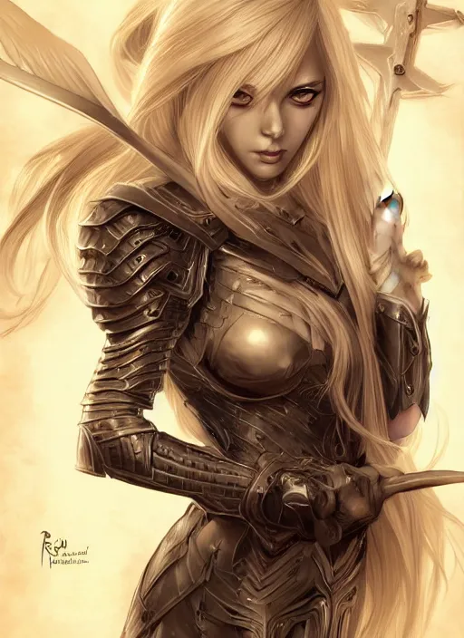 Prompt: beautiful lady, blonde long hair, practical armor, brown skin, demonic eyes, low fantasy, extremely detailed, sharp focus, smooth, digital illustration, by rossdraws, frank franzzeta, sakimichan