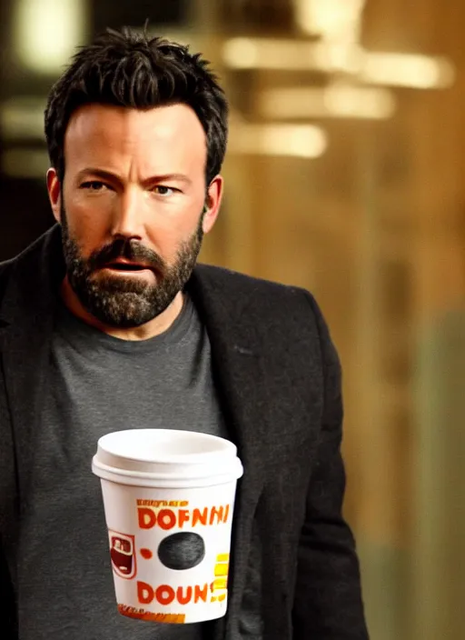 Prompt: ben affleck being chased by a giant cup of dunkin donuts coffee, running scared