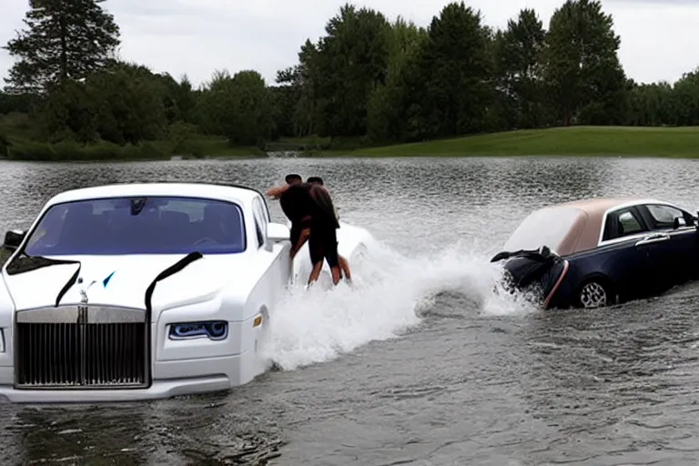 Image similar to Teenagers push Rolls-Royce into lake with their hands from a small slide wanting to drown him